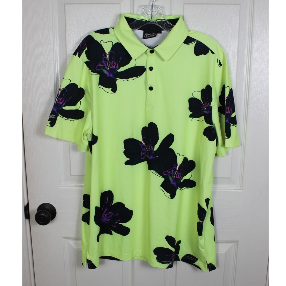 Sunday Swagger Mens Neon Lime Green Black Floral Performance Golf Polo Shirt L